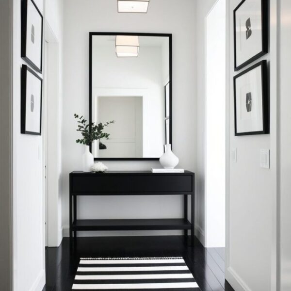 Dark polished wood floors contrast with crisp… Dark polished wood floors contrast with crisp…