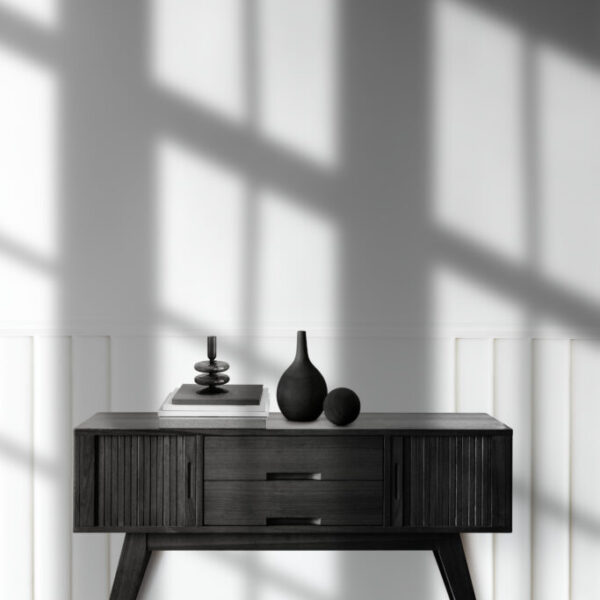 Vase on a wooden sideboard table Vase on a wooden sideboard table